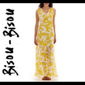 BISOU Bisou yellow white floral print sleeveless tropical maxi dress lined Sz 2